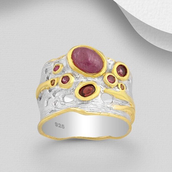 Ring, NWOT, solid 925 sterling silver, 22 K gold, orange sapphires and rubies, - Picture 1 of 15